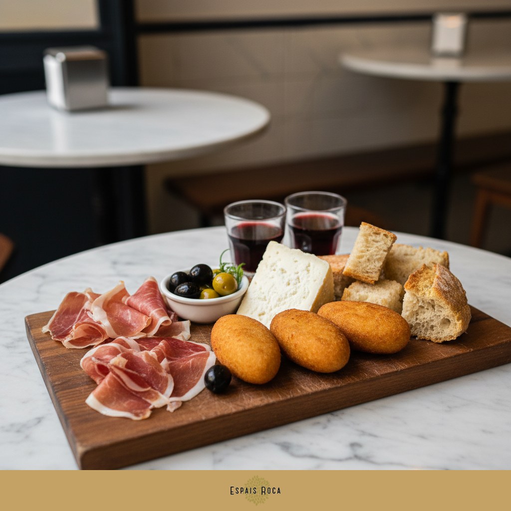 Petisco board with cured ham and codfish cakes