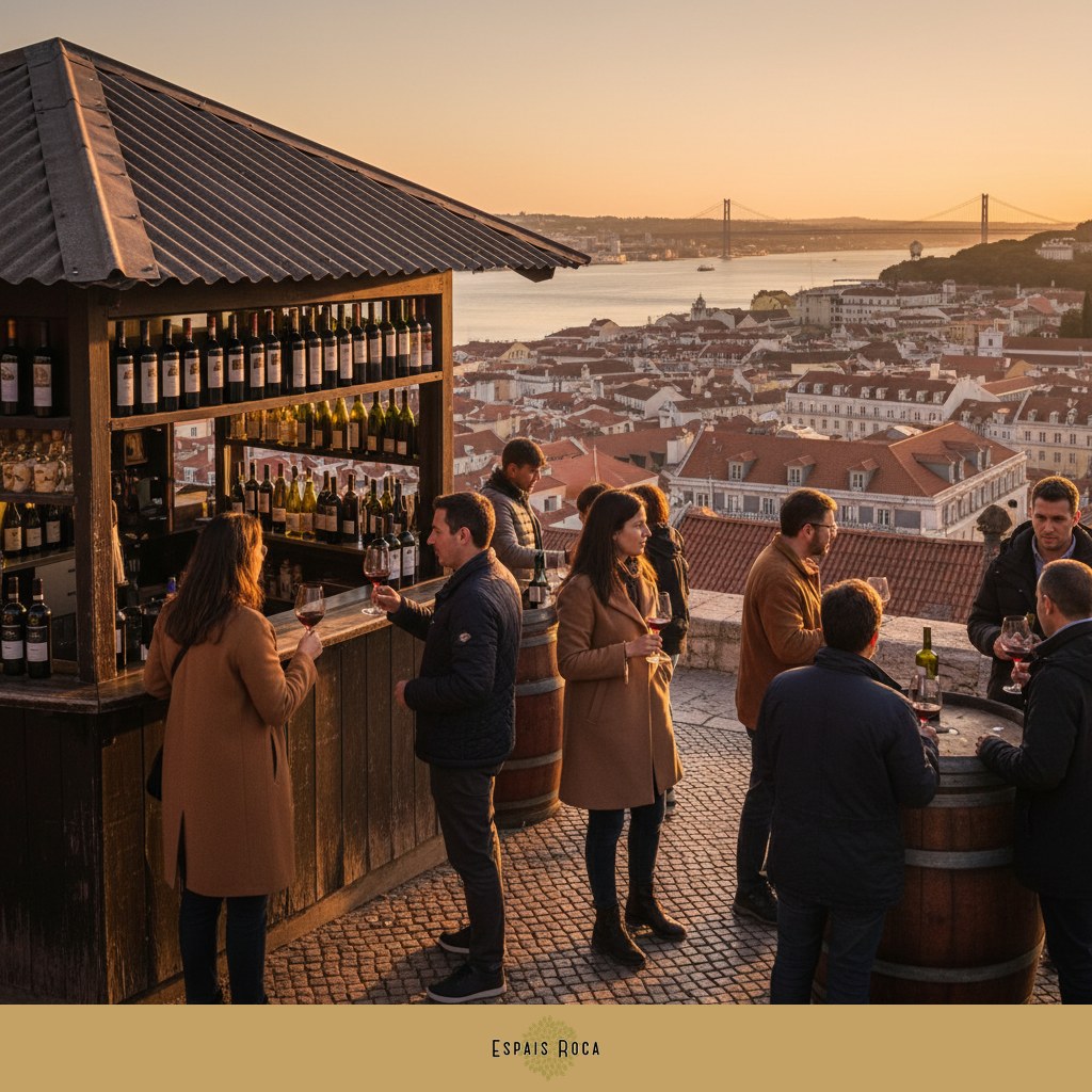 Wine kiosk tasting at a Lisbon miradouro at sunset