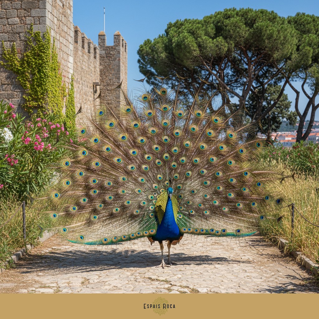 Peacock displaying its tail in the castle gardens