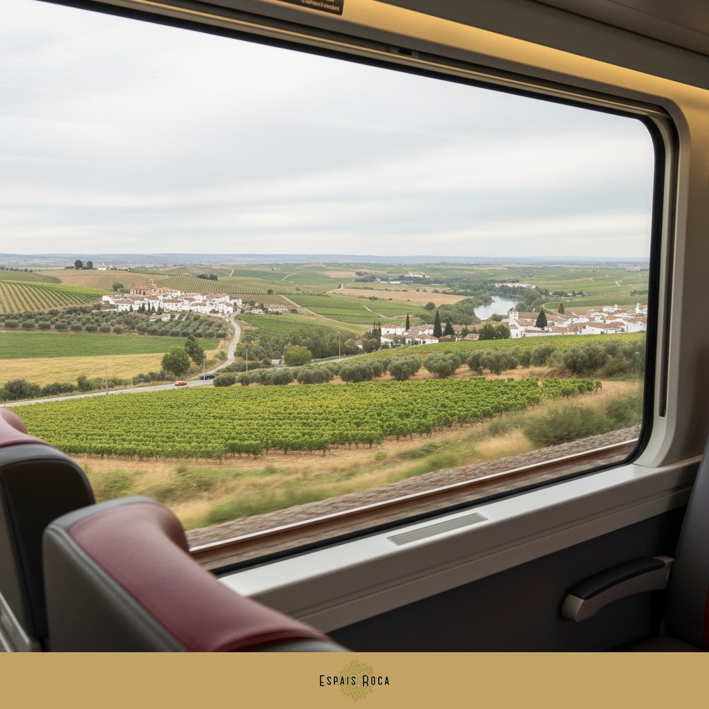 View from a high-speed train across Iberian countryside