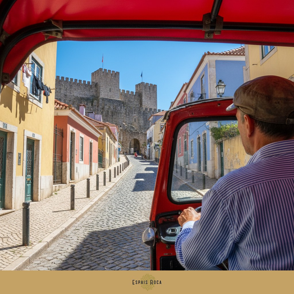 View from inside a tuk-tuk approaching the Castelo de São Jorge