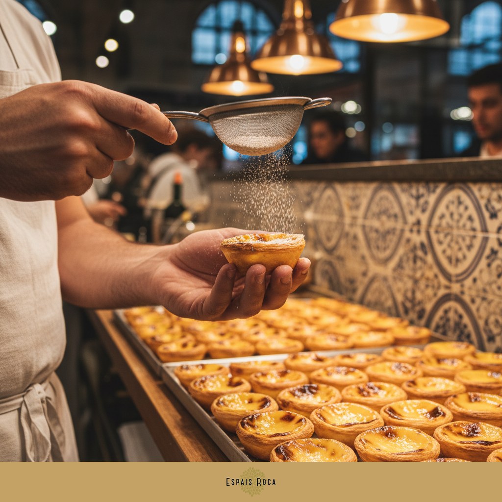 A pastel de nata held at a counter