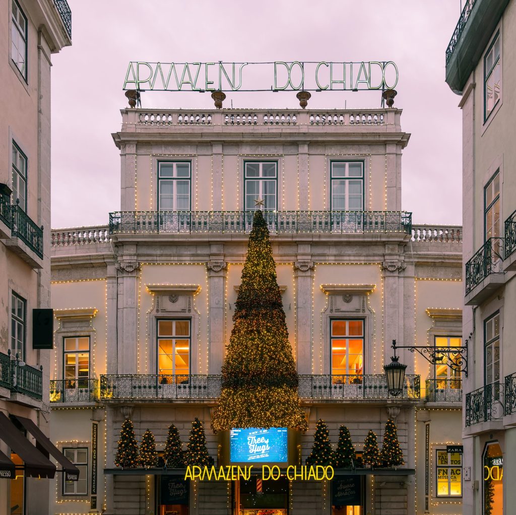 Chiado shopping district at dusk in Lisbon