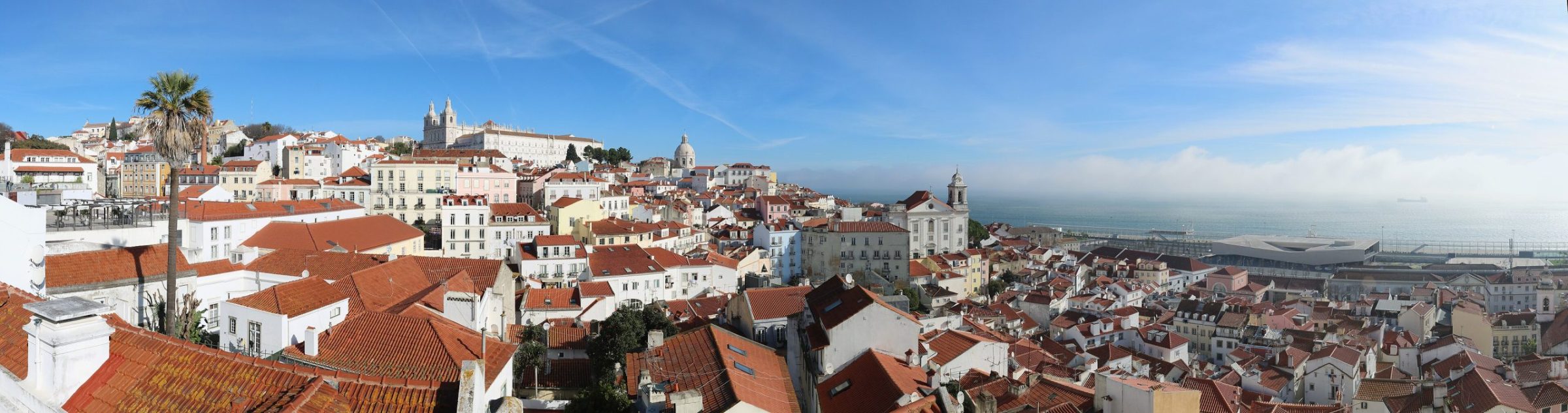 Alfama rooftops and the Tagus from the Miradouro de Santa Luzia on a January morning