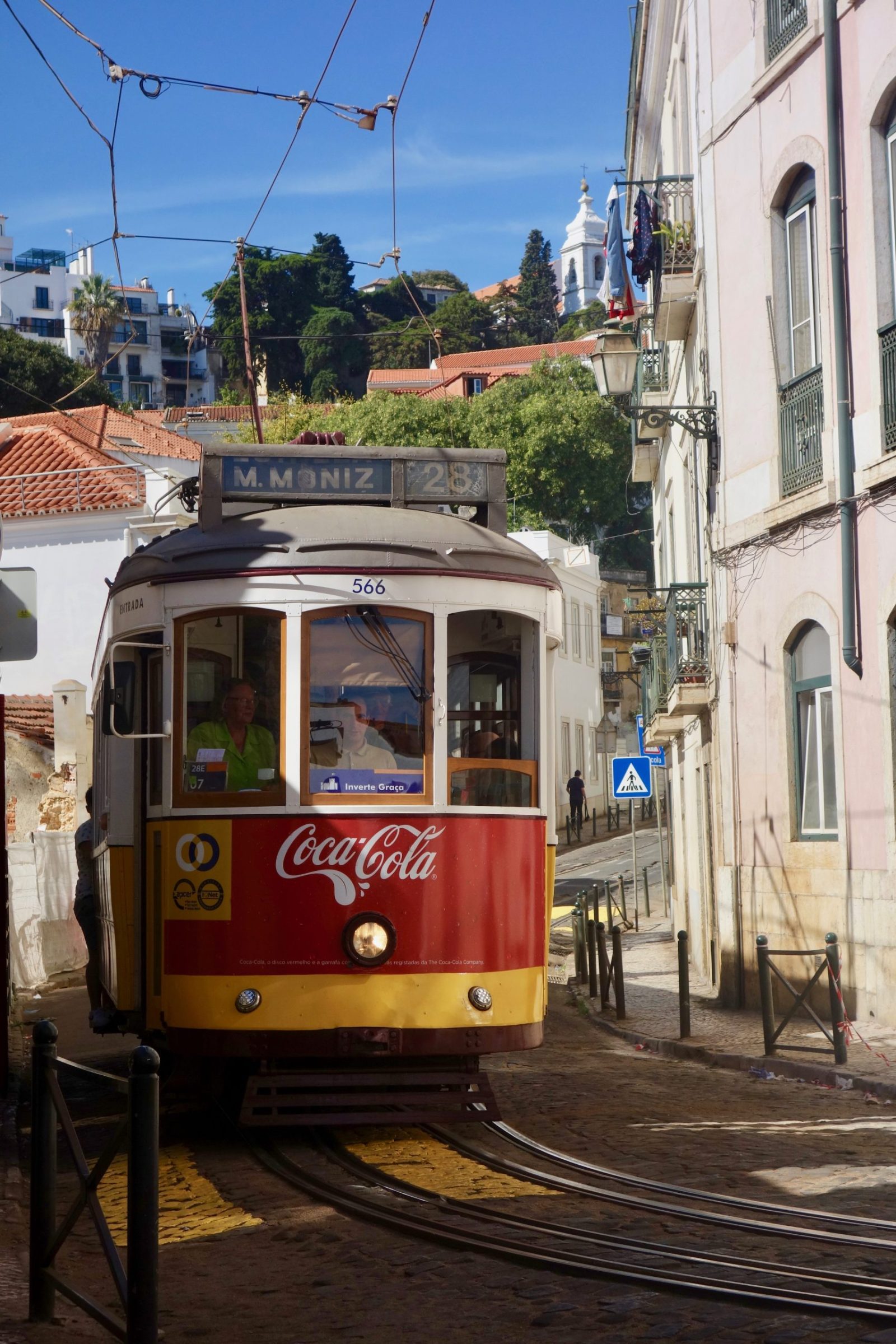 Tram 28 climbing through the lanes of Alfama in Lisbon