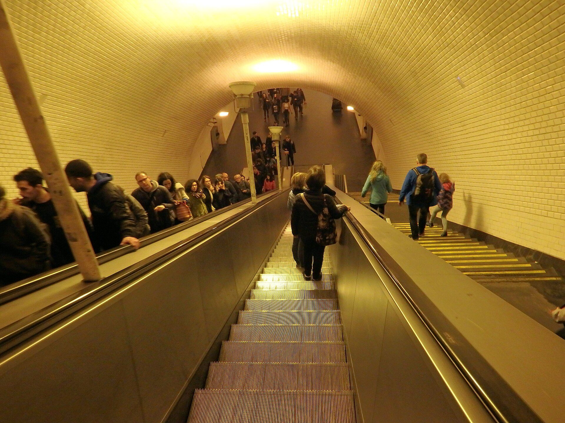 Long escalators inside Baixa-Chiado metro station in Lisbon