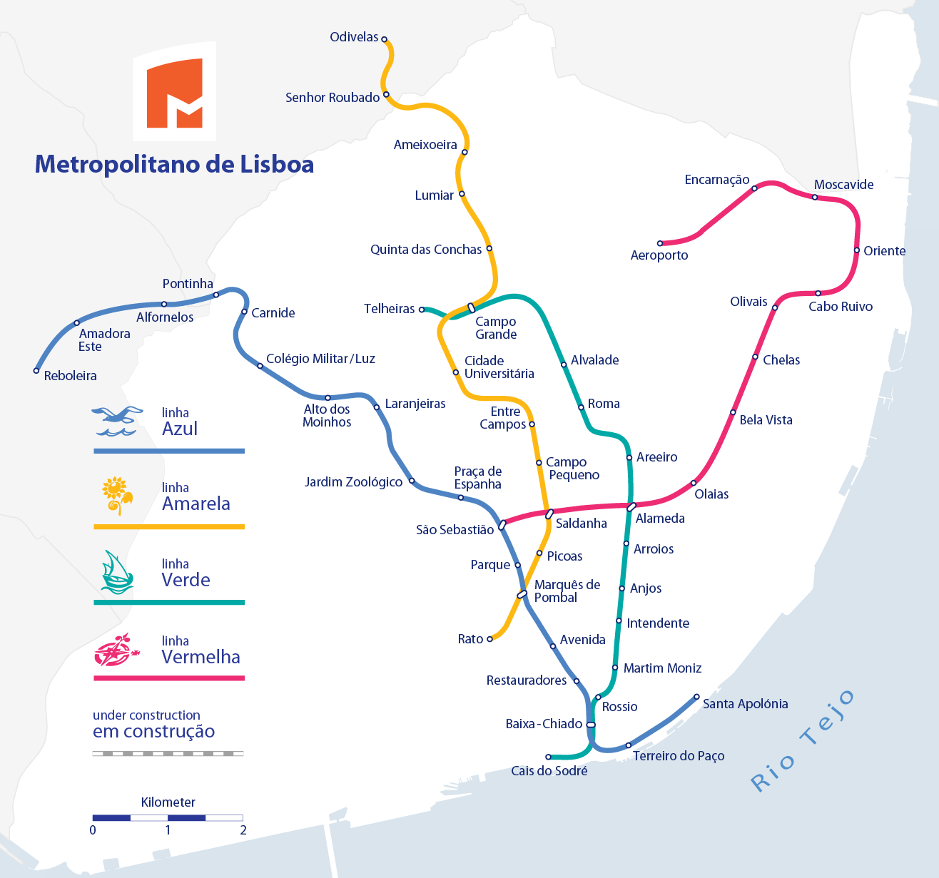 Lisbon metro map 2026 showing the Blue, Yellow, Green and Red lines and all 56 stations