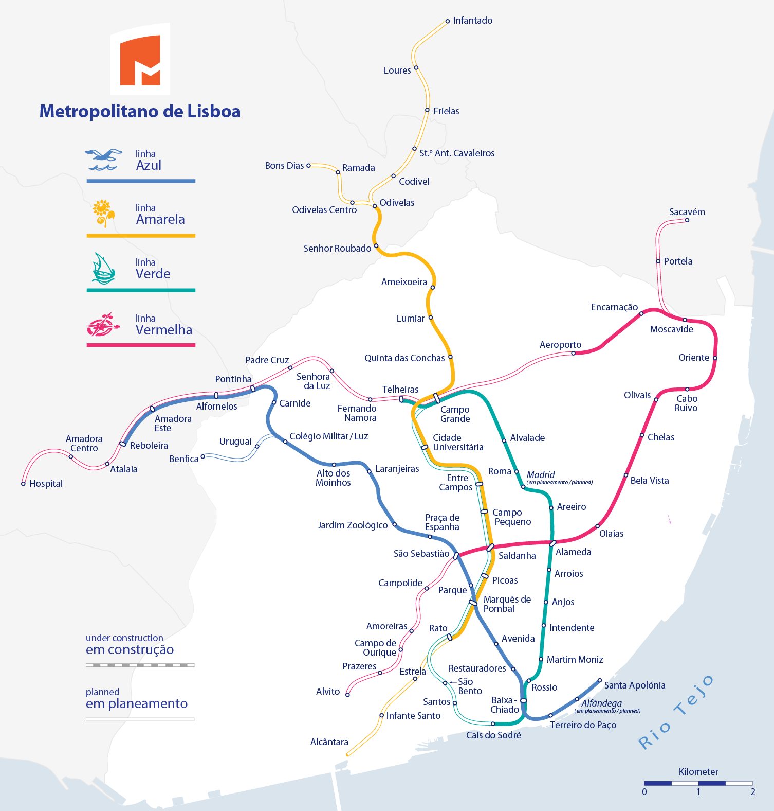 Lisbon metro map with the Circular line, Estrela and Santos stations and planned extensions to Alcântara and Loures