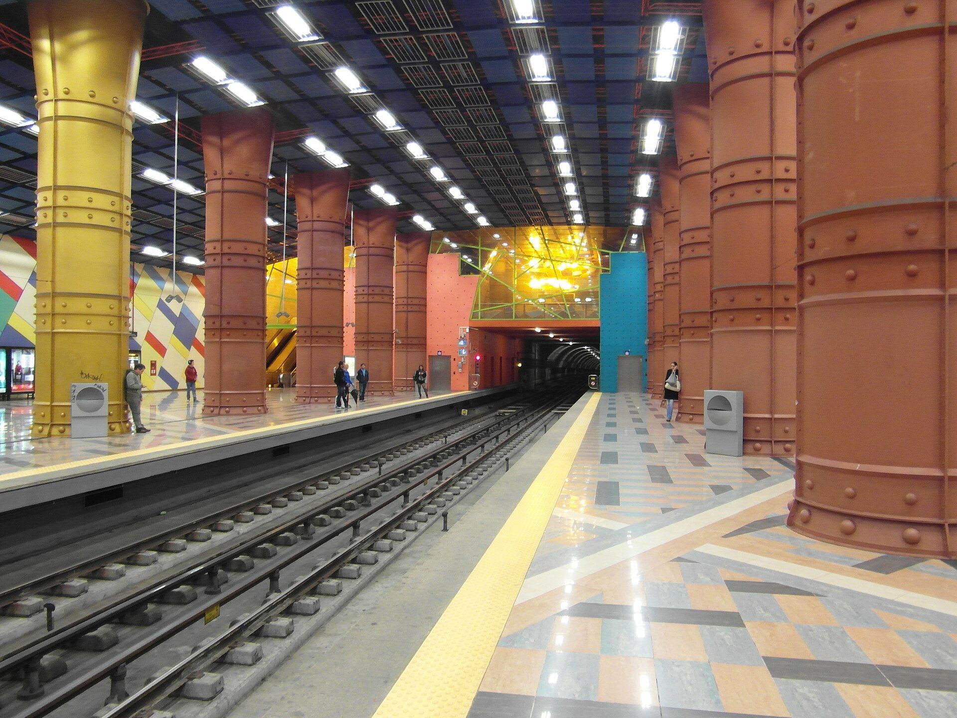 Colourful columns and platforms at Olaias metro station on the Lisbon Red Line